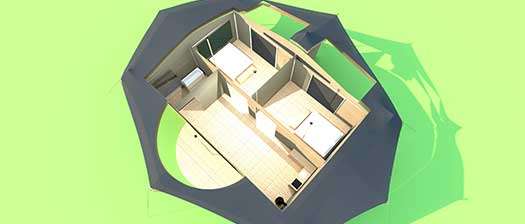 Infografia 3D con distribución y carpa Beduinas para Glamping